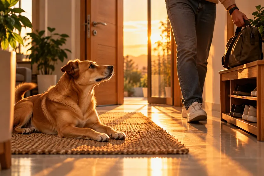 Tutor chegando em casa ao pôr do sol e o cachorro deitado tranquilo no tapete, olhando para ele